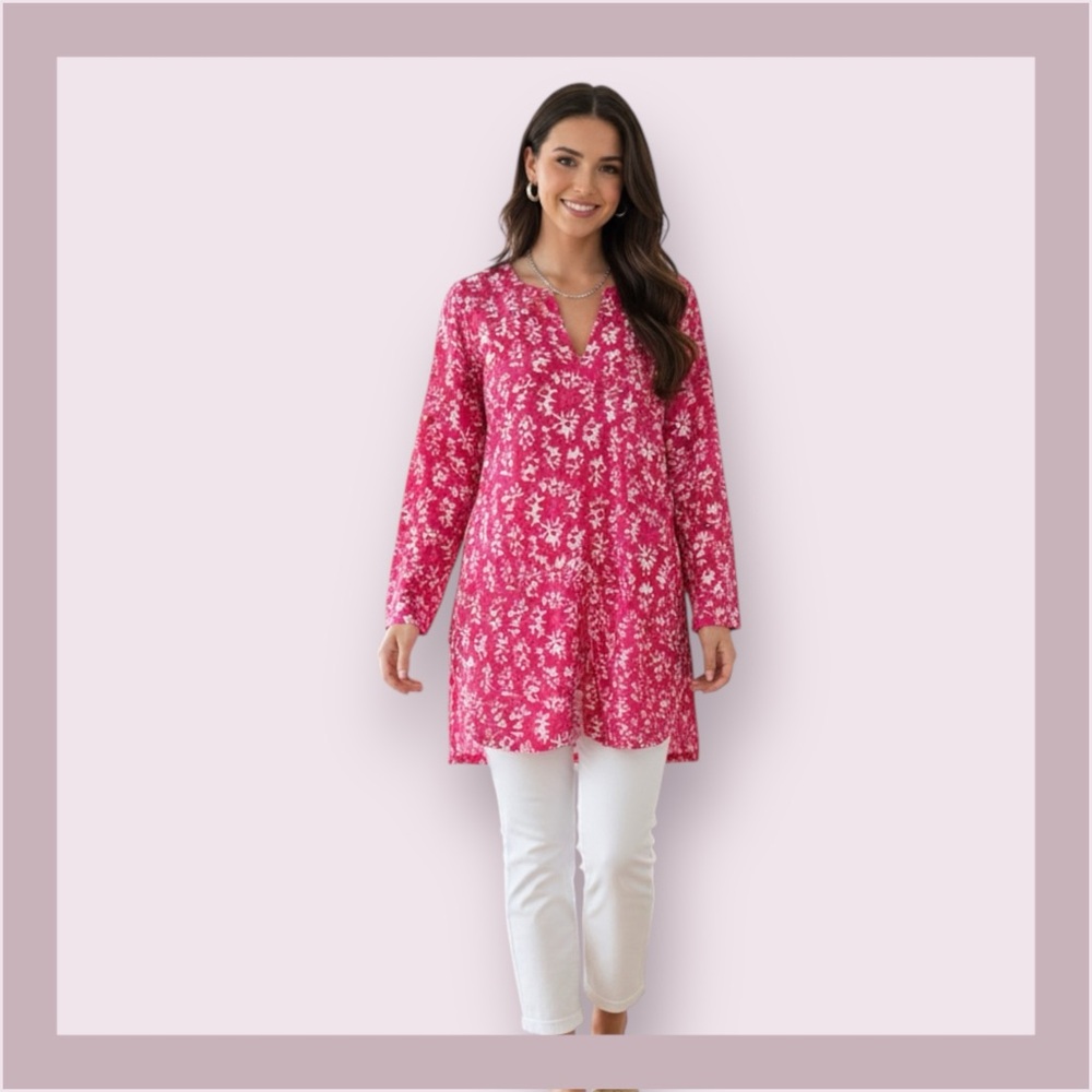 Fuschia Floral 100% Cotton V-Neck Tunic